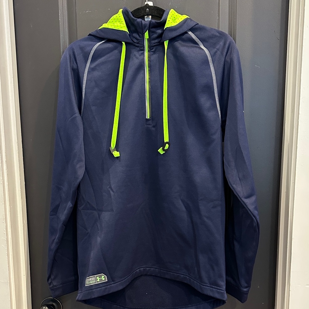 Preowned, washed. Men’s Under Armour Blue Pullover with Bright Green Details